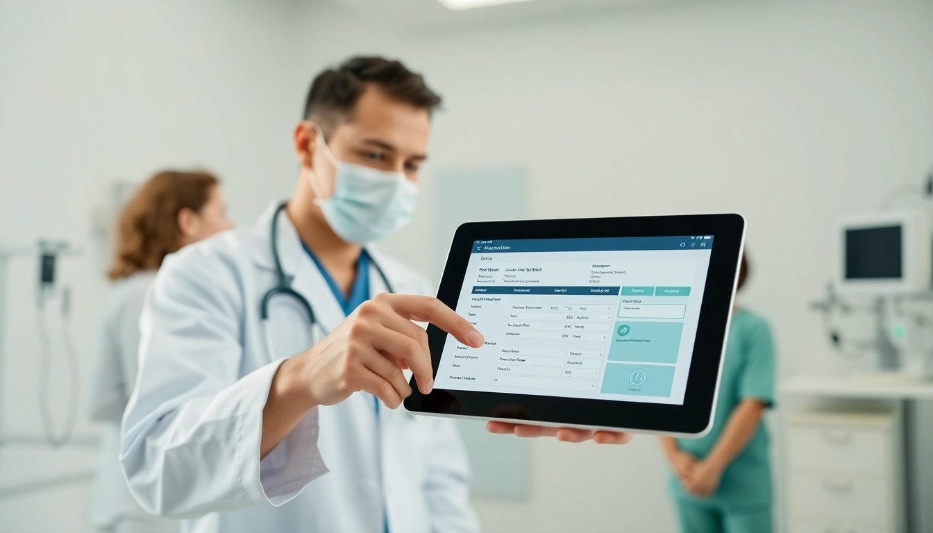 Highlighting benefits of mobile eprescription with a healthcare professional using a tablet in a modern clinic.