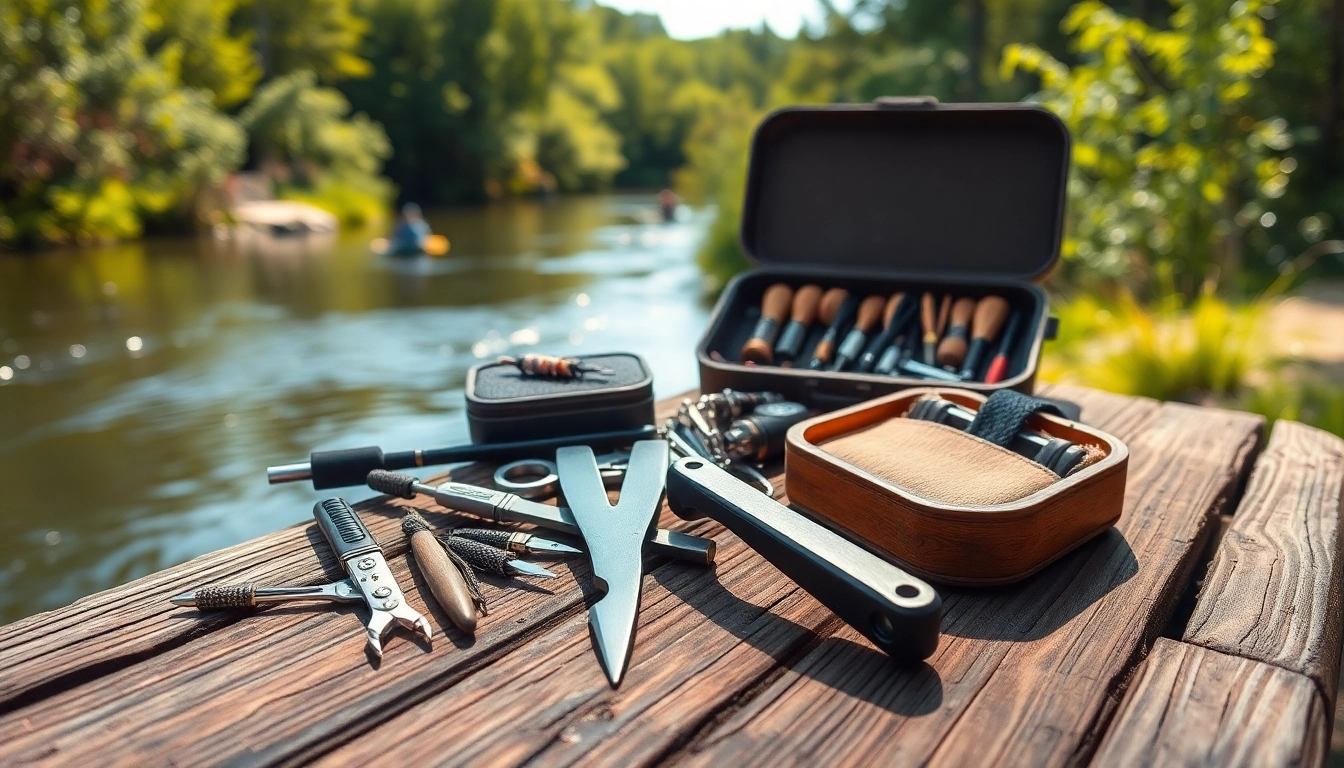Explore essential Fly fishing accessories laid out on a wooden table near a scenic riverbank.