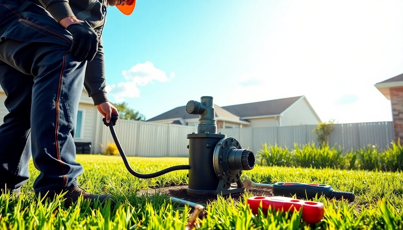 Technician performing a well pump replacement in a sunny backyard, focusing on safe installation practices.